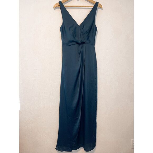 After Six Whisper Satin Vneck Faux Wrap Tulip Evergreen Bridesmaid Dress 4 NWT - Picture 2 of 9